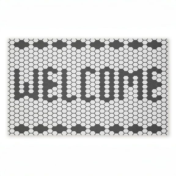 Welcome Hexagonal Faux Tile Printed Outdoor Door Mat, design by Angela Nickeas, 18"x30"