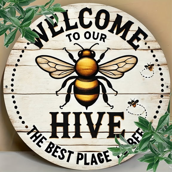 "Welcome to Our Hive" Honey Bee Round Aluminum Sign - Rustic Farmhouse Wooden Plank Porch Decor, 1pc, 8" Wall Art Metal Sign, For Porch, Gardene, Room, Home, Ideal Gifts, Weather, 2D Flat