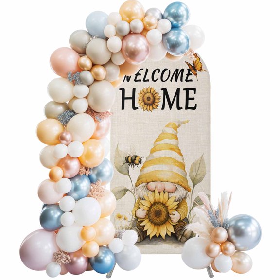 Welcome Home Arch Backdrop Cover 5 FT Sunflower Dwarf Bee Leaf Linen Texture Stretchy Elastic Arch Stand Covers Spandex Arched Background Birthday Wedding Party Decoration (No Stand)