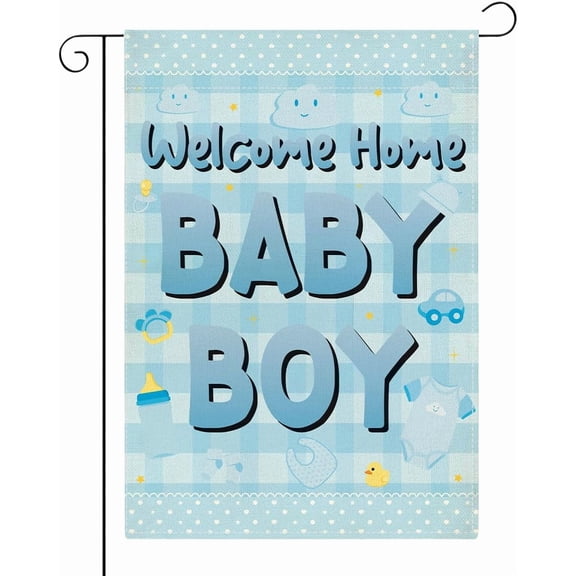 Welcome Home Baby Boy Garden Flags for Outside Blue Baby Shower Birth Announcement Gender Reveal Newborn Baby Double Sided Garden Flag 12 x 18 inches