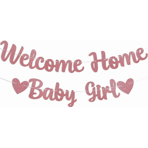 Welcome Home Baby Girl Banner - Pink Baby Shower Decorations for Girl, Gender Reveal Baby Shower Inside Outside Decoration Rose Gold Glitter