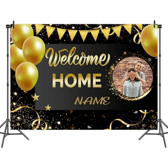 Welcome Home Backdrop, 8 x 6 ft Custom Home Coming Black Golden Backdrop Party Decoration Banner Personalized Housewarming Party Background Supplies