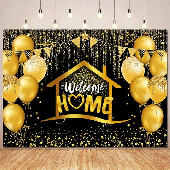 Welcome Home Backdrop Banner Black and Gold Welcome Homecoming Decorations,Glitter Welcome Back Home Backdrops Gold Balloons Photo Background for Family Reunion Military Returning Party Supplies