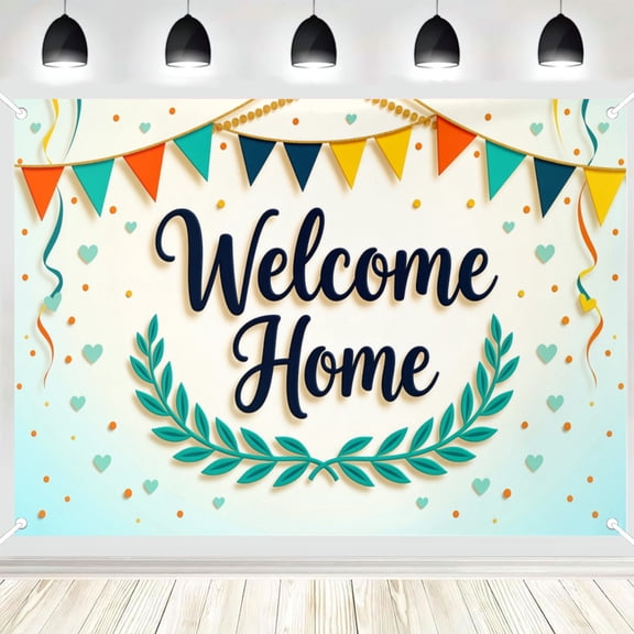 Welcome Home Backdrop Leaf Wreath Pennant Confetti Polyester Banner for Family Homecoming Party Photo Wall Decoration Supplies 5x3ft