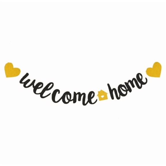 Welcome Home Banner, Glitter, Gold Hearts and House, Party Decoration