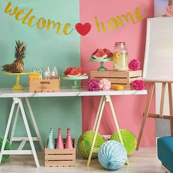 Welcome Home Black Glitter Banner for Housewarming Patriotic Military Decoration Family Party Supplies Cursive Bunting Photo Booth Props Sign (Gold)
