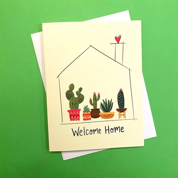 Welcome Home Card Cute House and Cactus Design Perfect Greeting Card for New Homeowners, Housewarming, or Celebrations Envelope Included