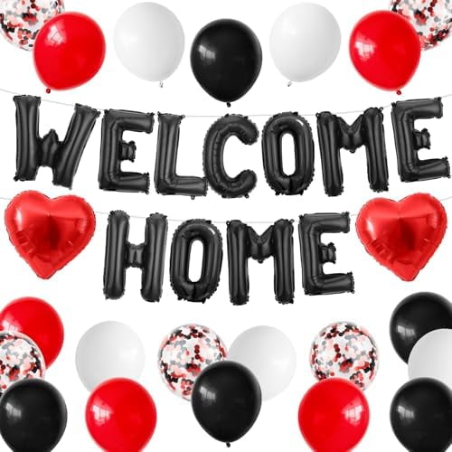 Welcome Home Decorations Black Red,Welcome Home Foil Balloon Banner with Confetti Balloons,Red Heart Balloons for Housewarming Baby Shower Home Family Party Supplies