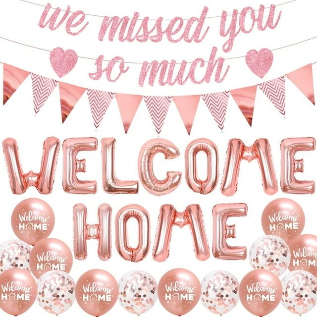 Welcome Home Party Decorations With Rose Gold Glitter Bunting Backdrop Ideal For Welcome Home 6707