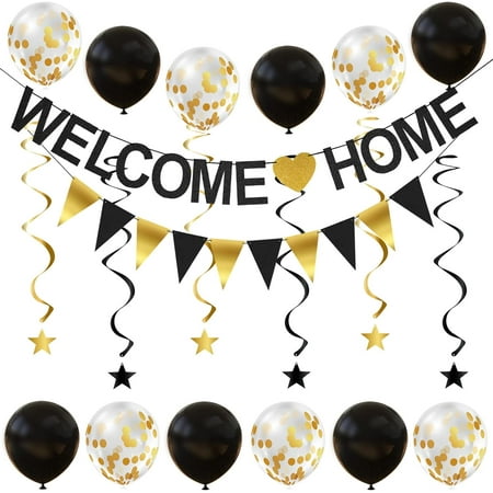 Welcome Home Decorations, Welcome Back Decorations Hanging Swirl Triangle Flag Banner Black Gold Balloons for Welcome Back Party Housewarming Deployment Returning Party Home Family Party Set