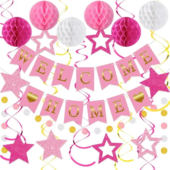 Welcome Home Decorations Welcome Home Banner with Glitter Stars Hanging Swirl Streamers, Honeycomb Balls, Circle Dots Garland, for Homecoming Party Decor Supplies(Pink)