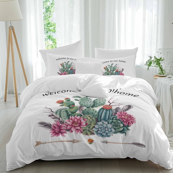 Welcome to Our Home Full Size Comforter Set, Summer Cactus Succulents Arrow Country Bedding for All Seasons, 4 Pcs Bed Set, 1Quiltcover (86"x86") ,1Sheet(80"x116"), 2Pillowcases (30"x20")