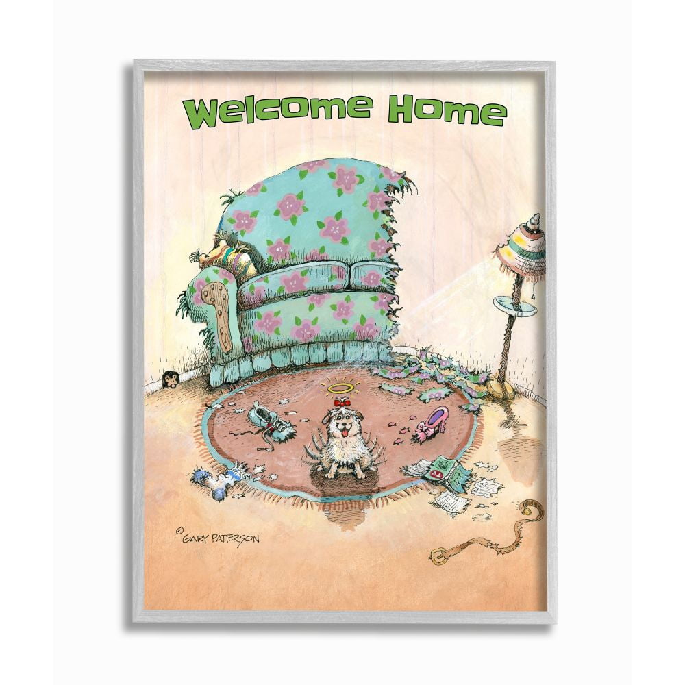 Welcome Home Funny Cartoon Pet Dog Design Gray Farmhouse Rustic Framed Giclee Texturized Art by Gary Patterson