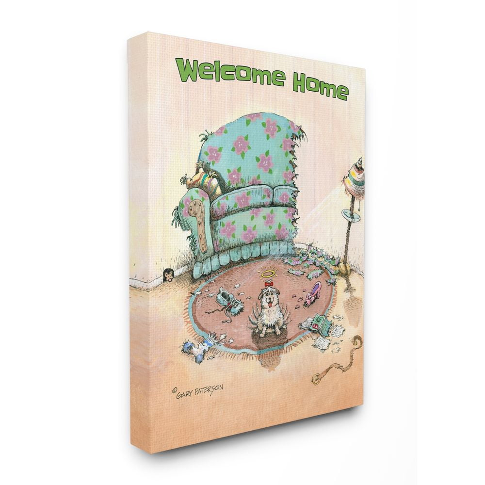 Welcome Home Funny Cartoon Pet Dog Design Stretched Canvas Wall Art by Gary Patterson