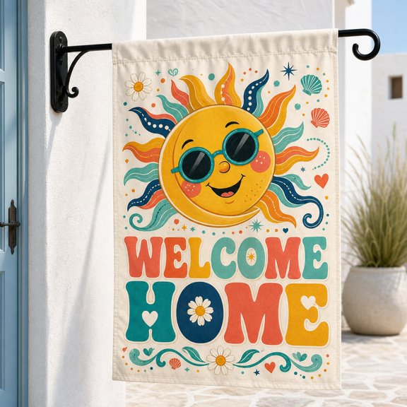 Welcome Home Garden Flag, Hippi Fun Wacky Sun, Summer Trip Flag, Sun Garden Flag - Colorful Artistic Celestial Sun Yard Banner