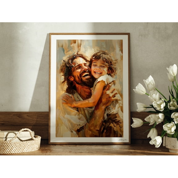 Welcome Home # | Handmade Fine Art Print | Jesus Christ Portrait | | Jesus With Child | First Moment In Heaven | Peace In Christ Warm Present Vintage UNFRAMED Poster Size 12x18