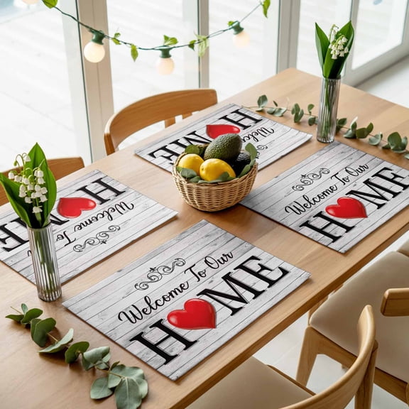 Welcome to Our Home Quote Placemats Set of 4,Wipeable Washable Table Mats for Dining Tables, Retro Farm Wood Grain Place Mats for Kitchen Event Party Tabletop Decor