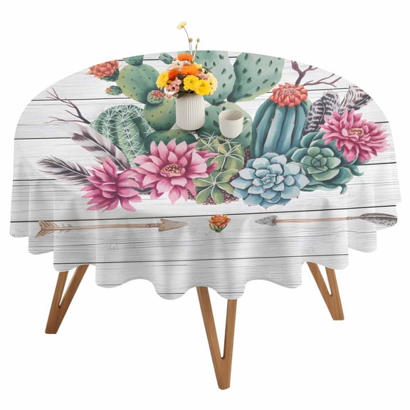 Welcome to Our Home Round Tablecloth 54 inches Summer Cactus Succulents Arrow Wood Grain Waterproof Oil-Proof Table Cloth Round Table Cover for Holiday Party Picnic Dinner Decor Indoor Outdoor Use