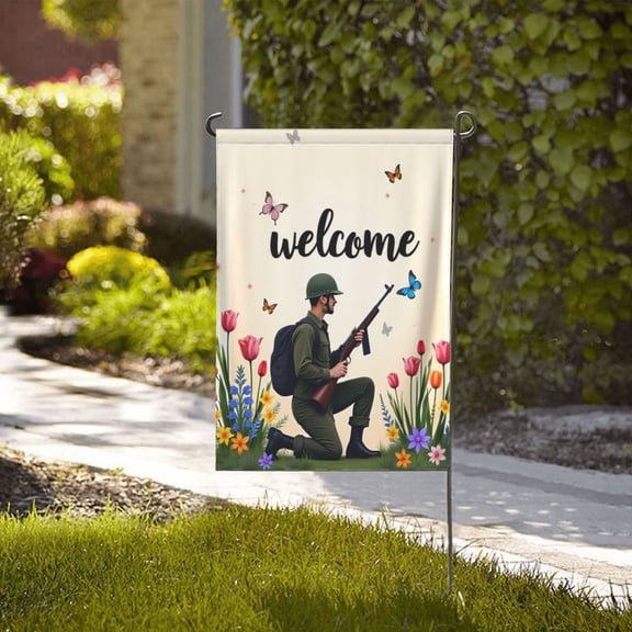 Welcome Home Soldier Garden Flag 12x18 Inch DoubleSided Floral Patriotic Yard Flag Spring Summer Outdoor Decorations Military Theme House Banner Birthday Gifts for Men Women