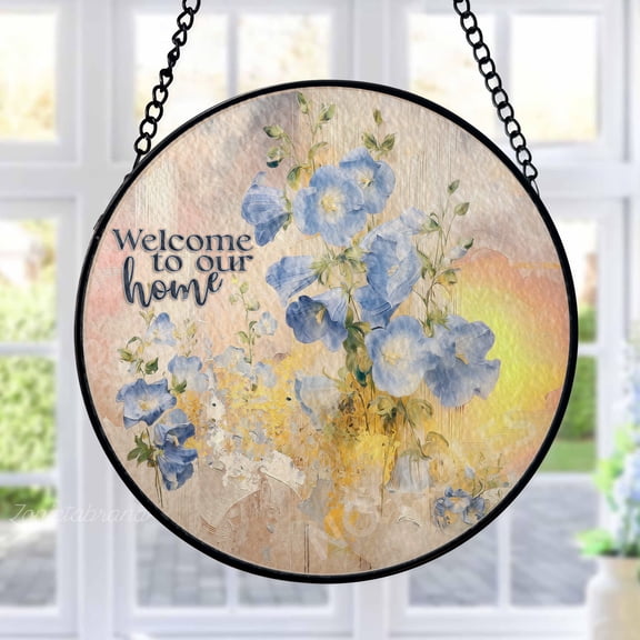 Welcome Home Stained Glass Suncatcher Metal Outdoor Decor Farmhouse Floral Art Light Blue