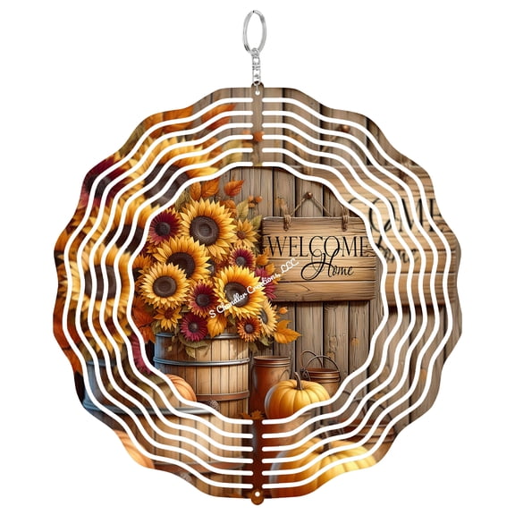 Welcome Home Sunflower Barrel 3D Wind Spinner Fall Harvest Rustic Garden Art