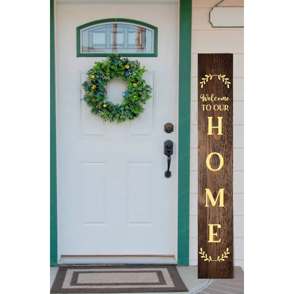 Welcome to Our Home Vertical Lettering Wreath Vinyl Decal Sticker for Tall Wood Porch Sign Sitter – DIY Farmhouse Entryway Decor, Die-Cut Matte Finish – Made in USA, 4ft, Buttercream