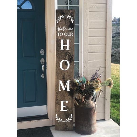Welcome to Our Home Vertical Lettering Wreath Vinyl Decal Sticker for Tall Wood Porch Sign Sitter – DIY Farmhouse Entryway Decor, Die-Cut Matte Finish – Made in USA, 4ft, White