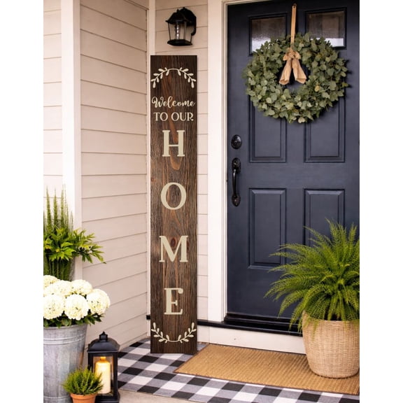 Welcome to Our Home Vertical Lettering Wreath Vinyl Decal Sticker for Tall Wood Porch Sign Sitter – DIY Farmhouse Entryway Decor, Die-Cut Matte Finish – Made in USA, 6ft, Dark Beige