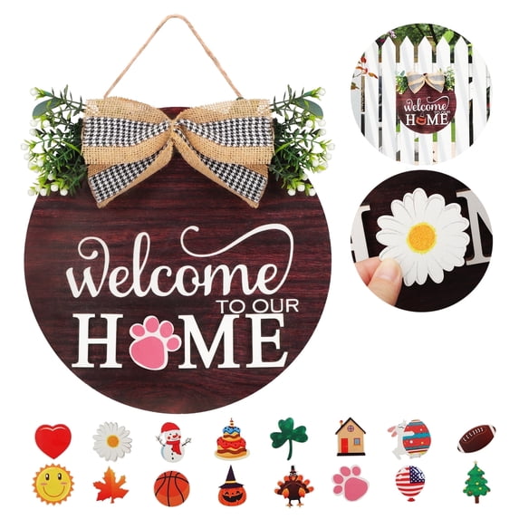 Welcome to Our Home - Wood Pattern Welcome Sign for Door and Wall Decor - 16 Interchangeable Holiday magnets for halloween, easter, fall, christmas, valentines - front porch hanging plaque decoration