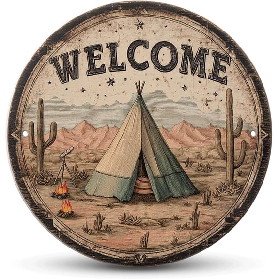 Welcome Home tin sign, Vintage Western Desert metal sign Print Aesthetic Room Decoration for Home Bedroom Bar Cafe Garden and Outdoor Round Wall Decor (8 inch)