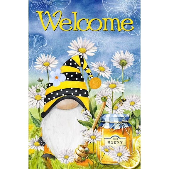 Welcome Honey Bees Gnome Daisy Floral Decoration Spring Summer Garden Flag Flower Outdoor Yard Flag 12" x 18"