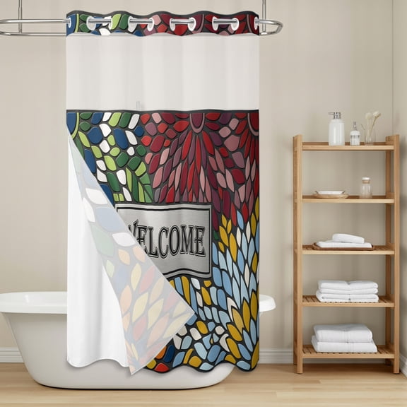 Welcome No Hook Shower Curtain with Snap in Liner, Bohemian Colorful Teardrop Mosaic Tile Floral Waterproof Shower Curtains with See Through Top Window Liner for Bathroom, 36x78 Inches