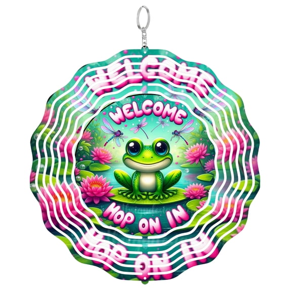 Welcome Hop On In Frog 3D Wind Spinner Stainless Steel Kinetic Art Cheerful Toad Garden Ornament 10 Inch
