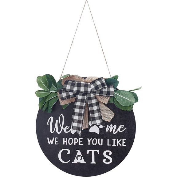 Welcome We Hope You Like Cats Welcome Sign Catpaw Natural Round Wooden Doorplate Welcome Hanging Plaque Wall Decal Decor for Home Farmhouse Entrance Doghouse 11.8x11.8inch