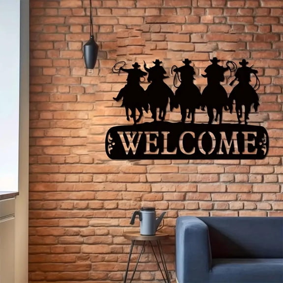 Welcome Horse And Cowboy Riding Cowboy Metal Logo Horse Metal Logo Art Western Decorative Initial Letter