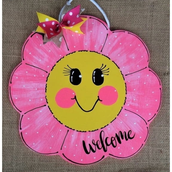 Welcome Hot Pink Flower Sign Wall Art Door Hanger Plaque Smiley Face