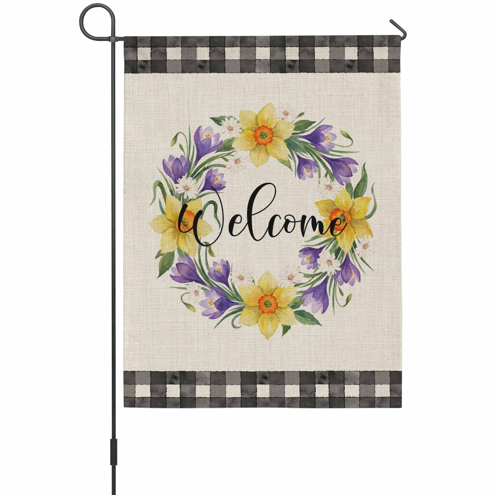 Welcome House Flags For Outdoor, Vintage Purple Yellow Floral Wreath Linen Texture Small Double Side Yard Flags Weather Proof House Decor for Lawn Outside Holiday 28 x 40 Inches