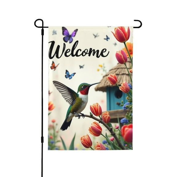 Welcome Hummingbird Garden Flag 12x18 Inch Double Sided Spring Summer Floral Butterfly Tulip Bird Yard Flag Outdoor Decor