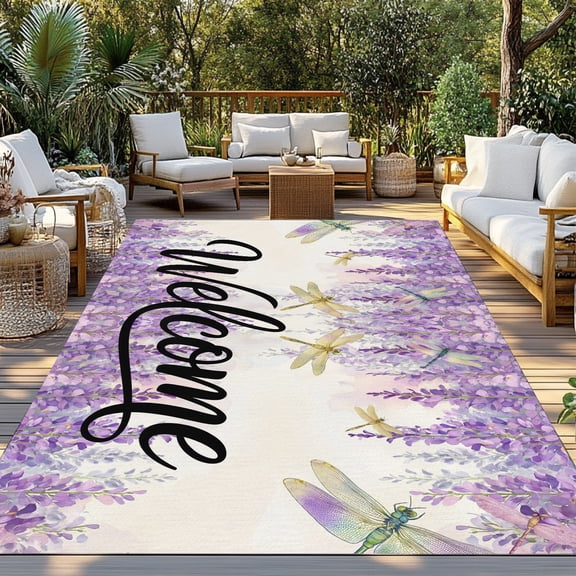Welcome Indoor Outdoor Rugs 3x5 Ft, Boho Wisteria Blooms Dragonfly Purple Outdoor Patio Rugs Mat Washable Outside Area Rugs Carpet for Porch Deck RV Camping Pool Balcony Backyard