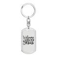 thumbnail image 1 of Welcome Jesus Stainless Steel or 18k Gold Premium Swivel Dog Tag Keychain, 1 of 10
