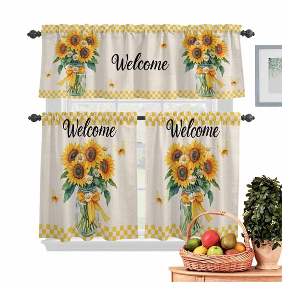 Welcome Kitchen Curtains Valances 3 Piece Set, Sunflowers Daisy Butterfly Yellow Check Linen Texture Rod Pocket Tier Curtain and Valance Drapes for Small Window 36 Inch Length for Bedroom Cafe
