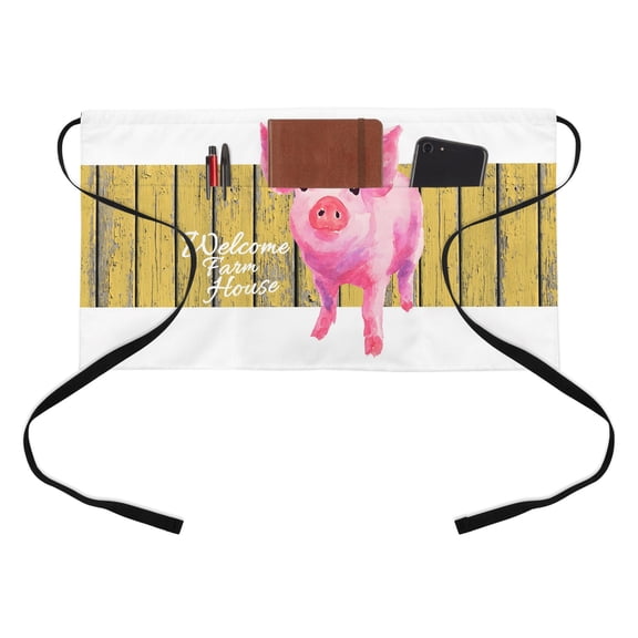 Welcome Kitchen Restaurant Half Waist Apron, Farmhouse Watercolor Pig Cute Piggy Yellow Wood Grain Server Short Apron with 3 Pockets Waterproof Oil Waist Aprons for Women Waitress Waiter