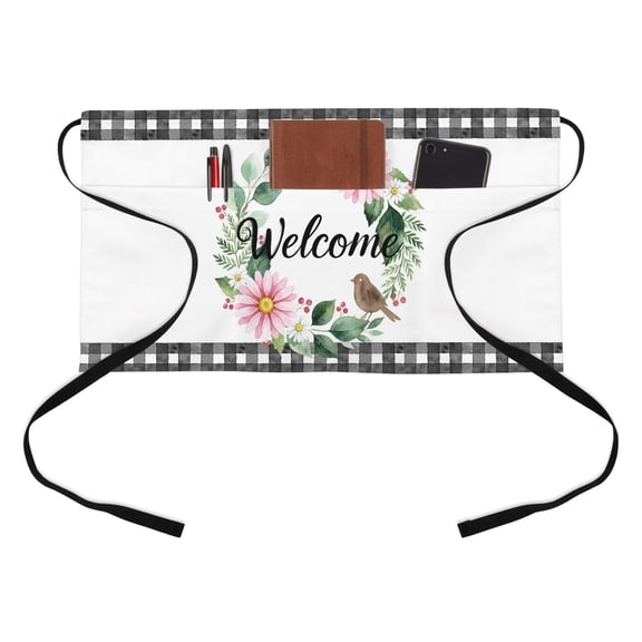 Welcome Kitchen Restaurant Half Waist Apron, Vintage Pink Floral Leaf Wreath Bird Black Plaid Border Server Short Apron with 3 Pockets Waterproof Oil Waist Aprons for Women Waitress Waiter