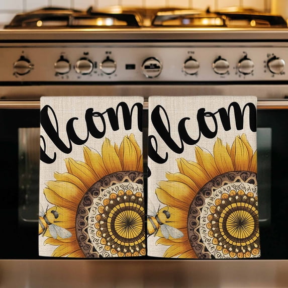Welcome Kitchen Towels Set of 3, Summer Sunflowers Bohemia Floral Rustic Beige Absorbent Dish Towels for Kitchen, Microfiber Hand Towel, Quick Drying Tea Towel for Cleaning Decorative Dishcloths