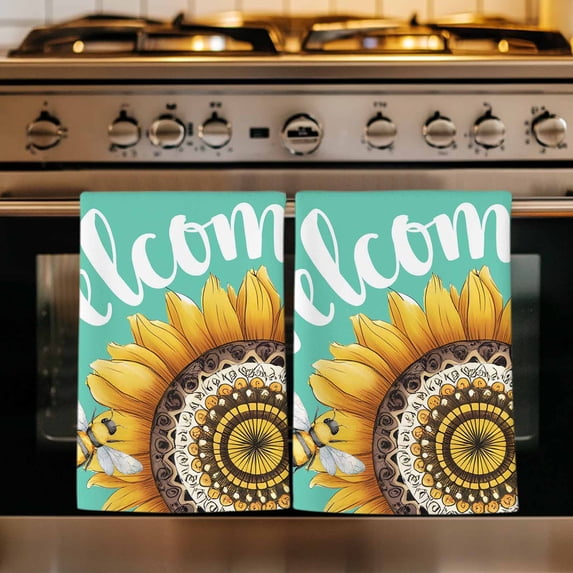 Welcome Kitchen Towels Set of 4, Summer Sunflowers Bohemia Floral Country Teal Green Absorbent Dish Towels for Kitchen, Microfiber Hand Towel, Quick Drying Tea Towel for Cleaning Dishcloths