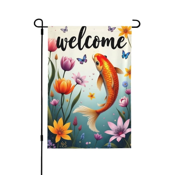 Welcome Koi Fish Garden Flag, 12x18 Inch Double Sided Spring Summer Floral Aquatic Yard Flag Outdoor Decoration, House Patio Banner