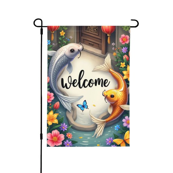 Welcome Koi Fish Garden Flag 12x18 Inch Double Sided Spring Summer Floral Butterfly Garden Decor Outdoor Yard House Flag