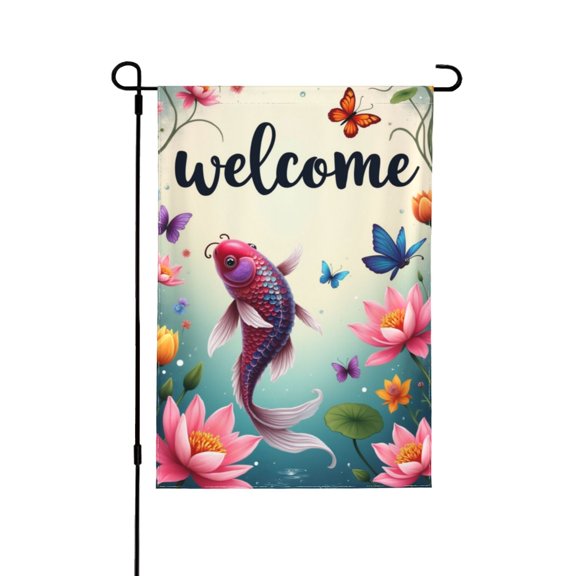 Welcome Koi Fish Garden Flag With Lotus Flowers And Butterflies Double Sided 12x18 Inch Outdoor Yard Decor