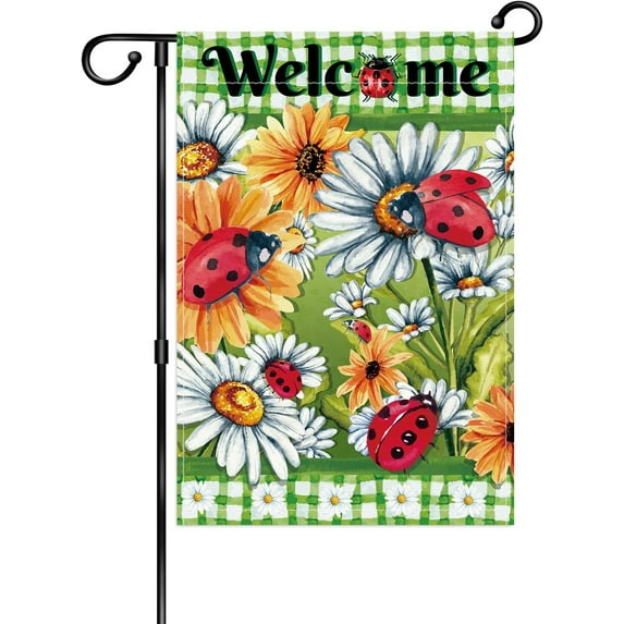 Welcome Ladybug Garden Flag, Daisies Sunflower Decorative - Welcome Spring Summer Holiday Yard Décor - Ladybug Porch Outdoor Home Decor - 12 x 18 Inch Double Side