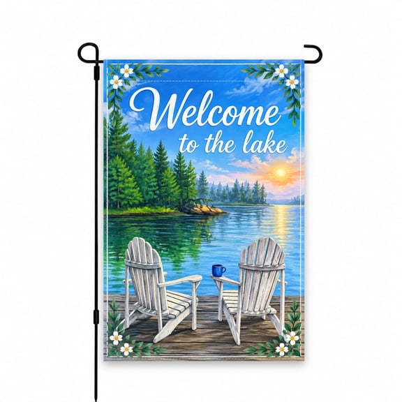 Welcome to the Lake Garden Flag, Scenic Lakefront with Adirondack Chairs, Blue and Green, 12 x 18 Inch, Outdoor Decor for Yard, Lawn, Patio, or Porch Display